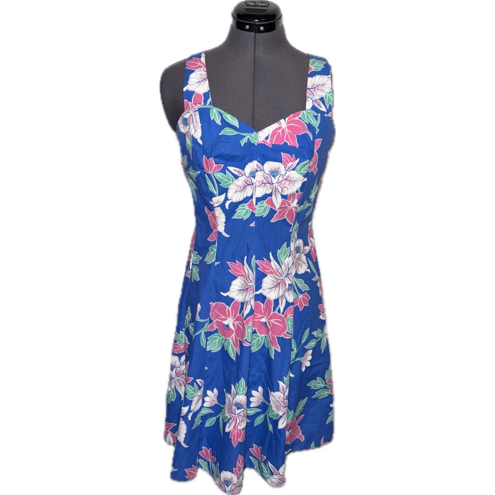Royal Creations Vintage Hawaiian Floral Sundress Blue Pink B32 W29 L31 Small